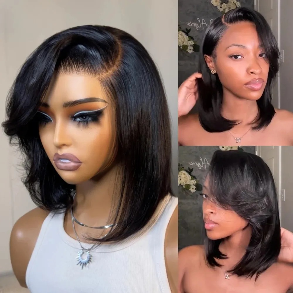 Pre Parted 13X4 Lace Front Bob Wig - Peluca corta negra lisa con flequillo